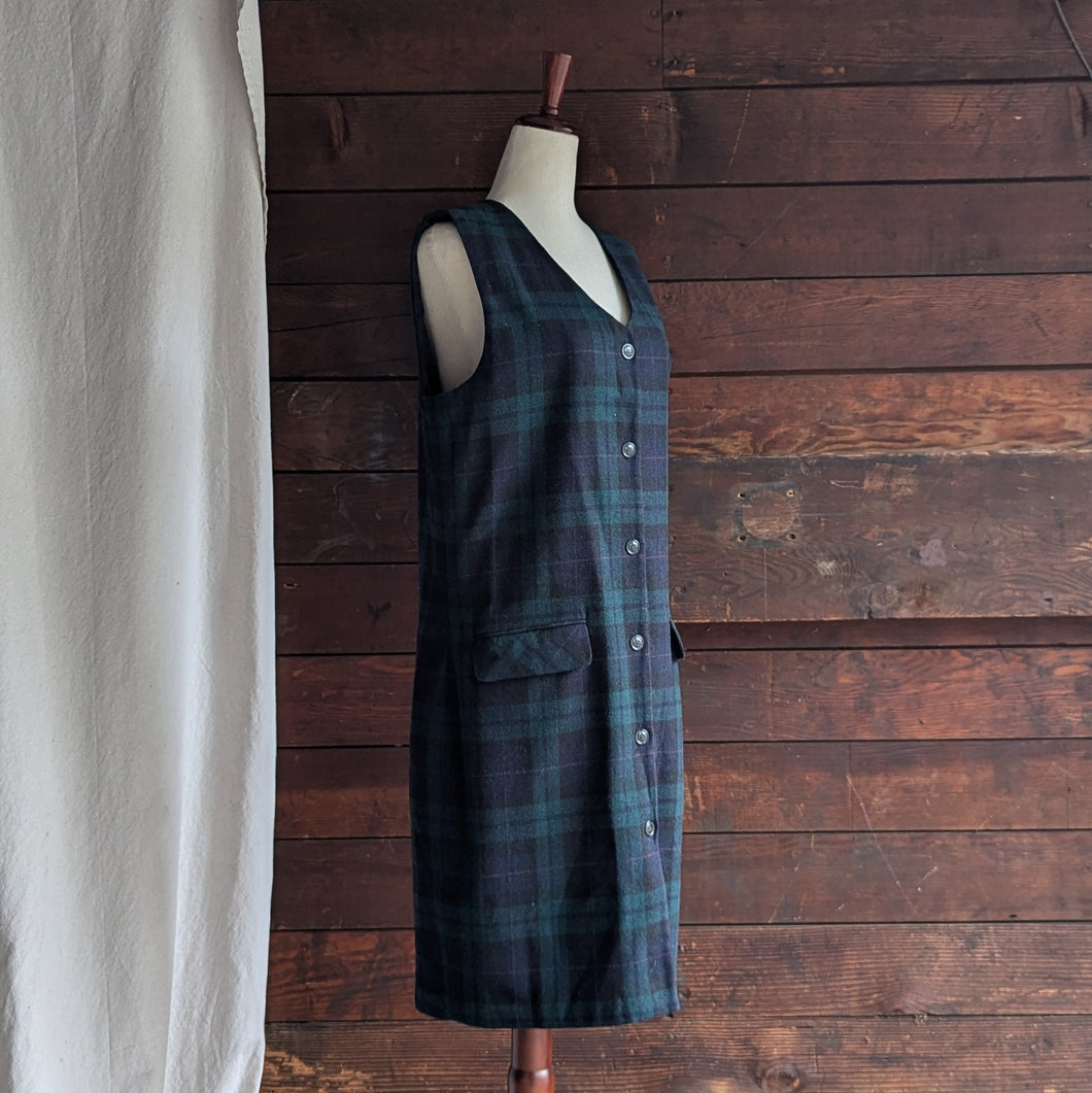 90s Vintage Dark Tartan Wool Blend Midi Dress