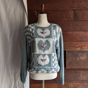 90s Vintage Grey and White Heart Embroidered Sweater