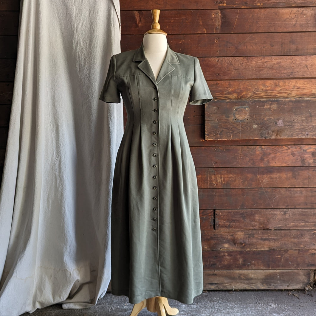 90s Vintage Olive Green Button Up Rayon Shirt Dress