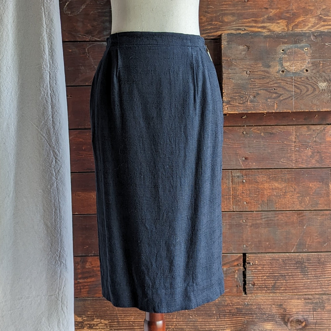 Vintage Black Rayon Blend Midi Skirt with Pockets
