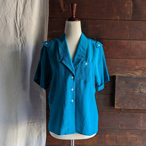80s Vintage Blue Silk Button Up Shirt