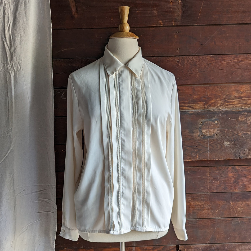 90s Vintage White Polyester Pintuck Blouse