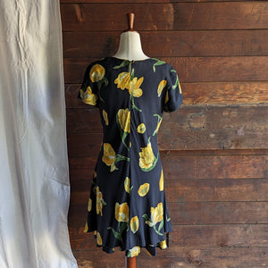 80s/90s Vintage Black and Yellow Floral Rayon Mini Dress
