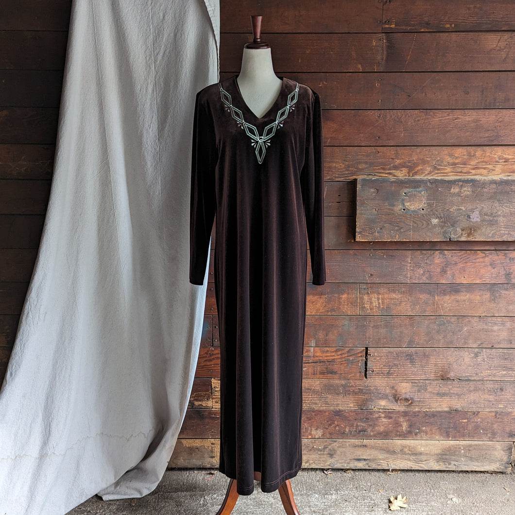 90s Vintage Brown Velour Maxi Dress