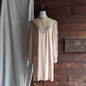 70s Vintage Peach Crepe and Lace Dress