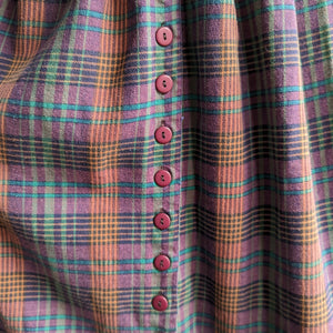80s Vintage Purple Plaid Cotton Midi Skirt with Pockets