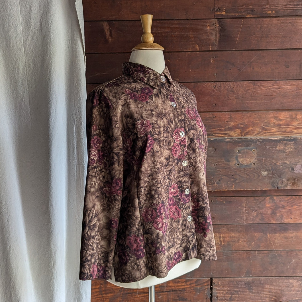 90s/Y2K Plus Size Brown Floral Polyester Blouse