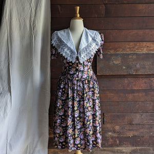 80s/90s Vintage Floral Rayon Midi Dress with Lace Collar