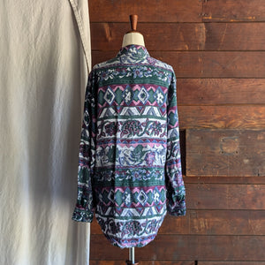 90s Vintage Geometric Patterned Rayon Shirt