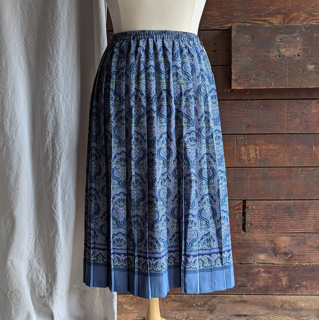 90s Vintage Blue Paisley Poly Midi Skirt