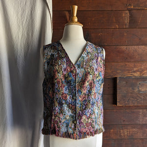 90s Vintage Floral Tapestry Vest with Fringe