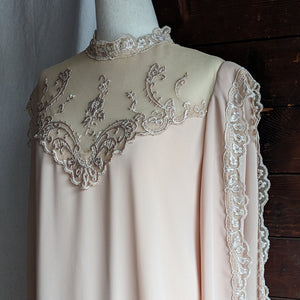 70s Vintage Peach Crepe and Lace Dress