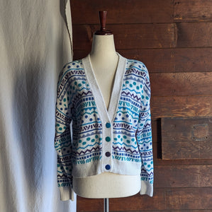 90s Vintage Cropped White and Blue Cardigan