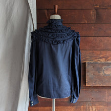 Load image into Gallery viewer, 70s Vintage Navy Ruffled Blouse
