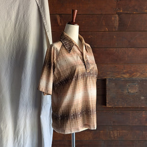 70s Vintage Brown Polyester Popover Mens Shirt