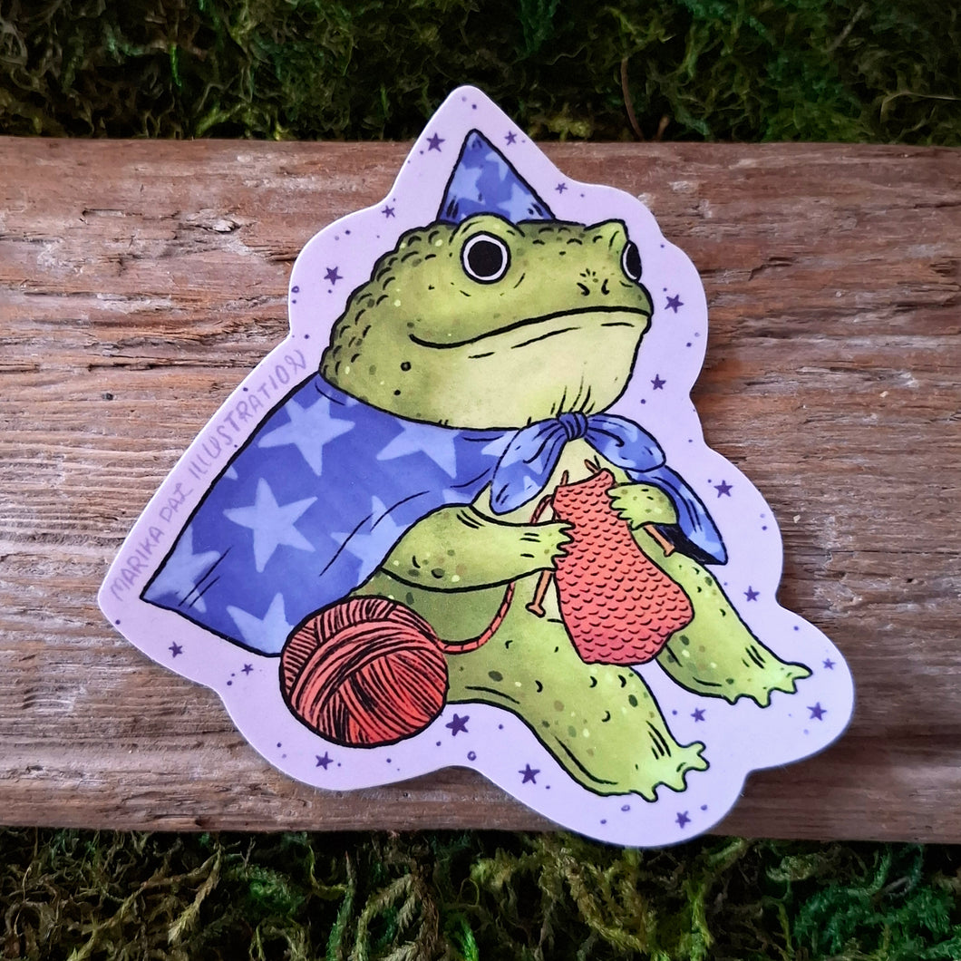 Knitting Wizard Frog Vinyl Sticker