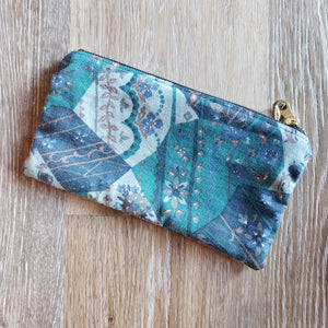 Upcycled Blue Patterned Fabric Zipper Pouch