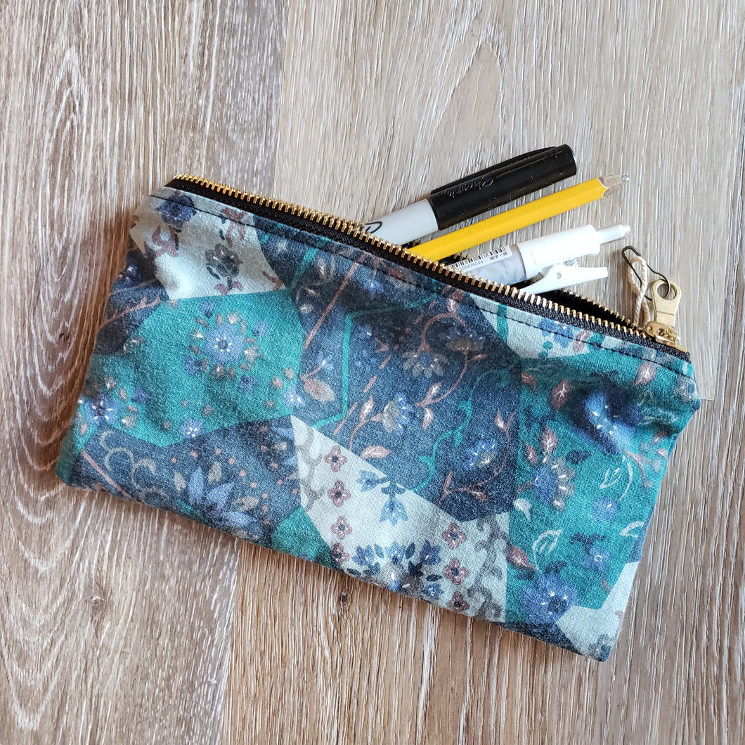 Upcycled Blue Patterned Fabric Zipper Pouch
