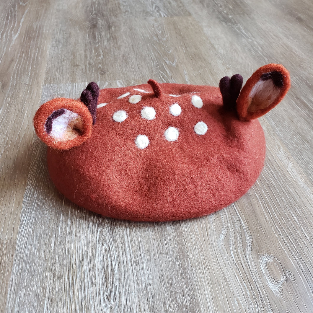 Cute felted Deer Beret with ears, speckles, and antlers. made of a wool blend.