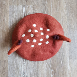 Cute felted Deer Beret with ears, speckles, and antlers. made of a wool blend. (top view)