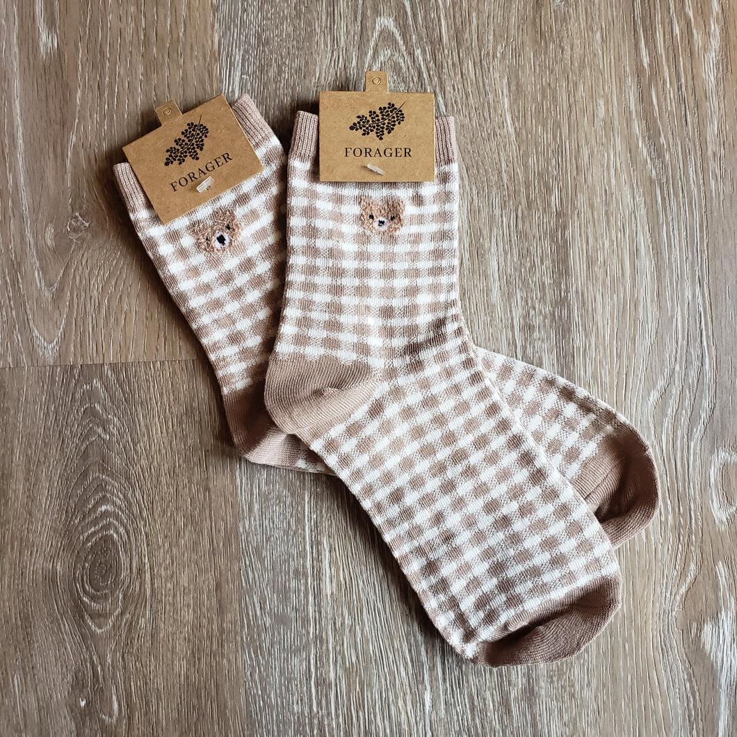 Brown Gingham Teddy Bear Socks