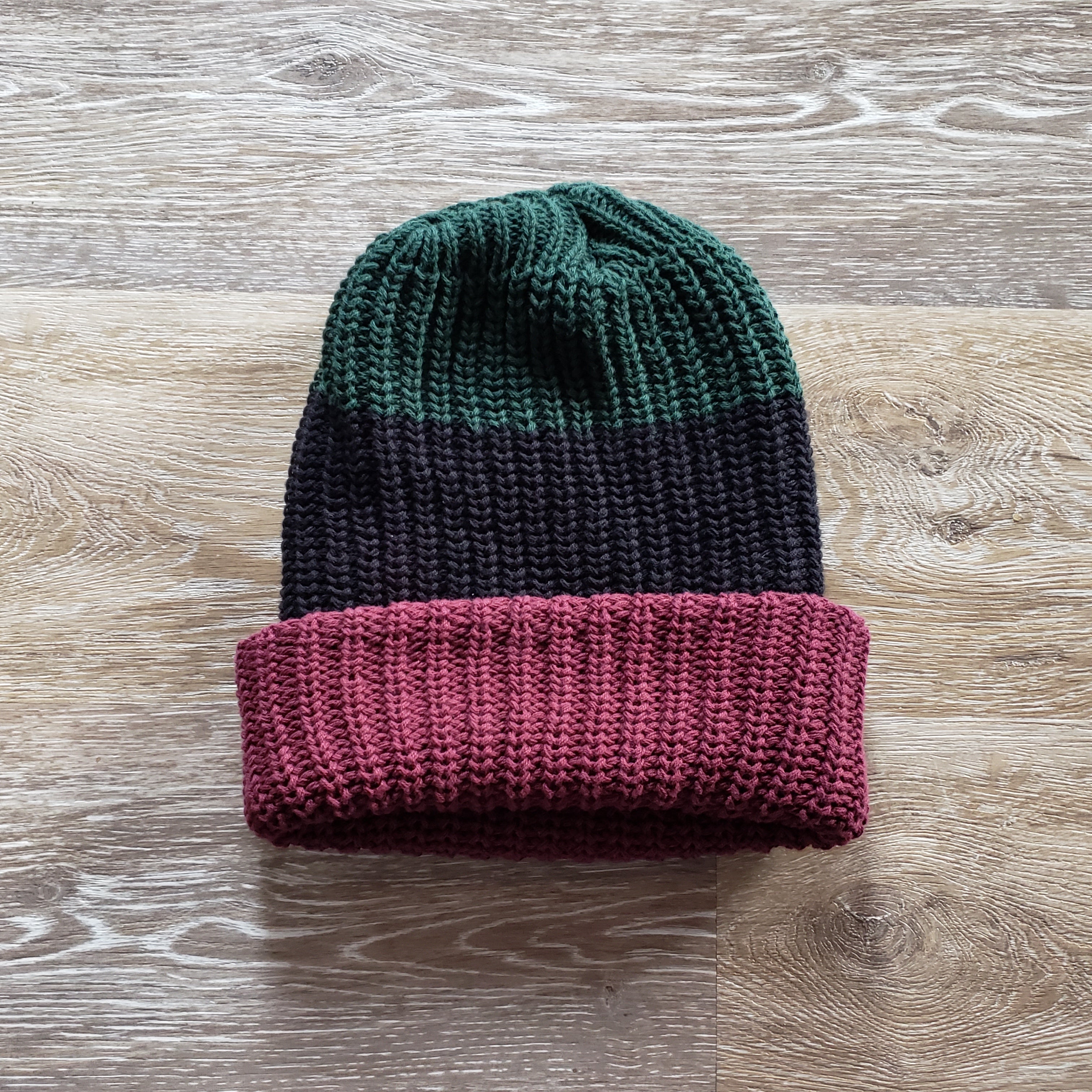 Colorblock Green Black and Burgundy Cotton Knit Beanie. Made in Portland Oregon.