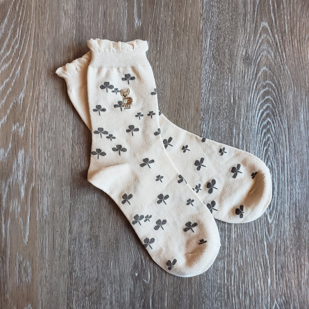 Embroidered Deer and Clover Pattern Socks