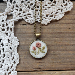 Tiny Embroidered Pink Rose Necklace