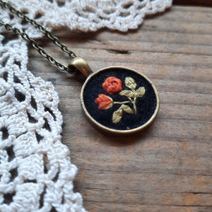 Tiny Embroidered Red Rose Necklace