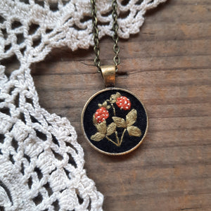 Tiny Embroidered Strawberry Necklace