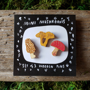 Tiny Wooden Mushroom Pins, Set of 3