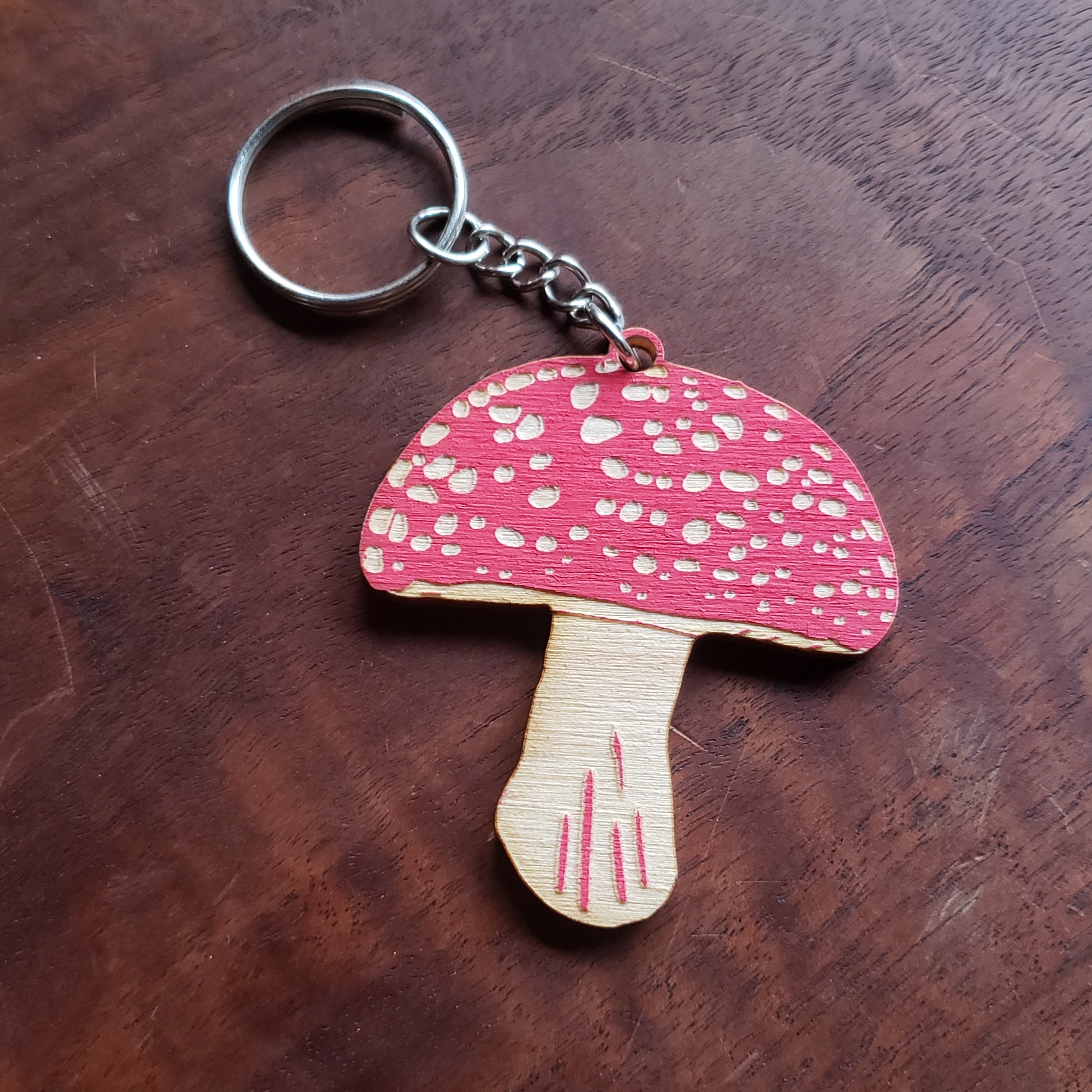 Wooden Amanita Mushroom Keychain