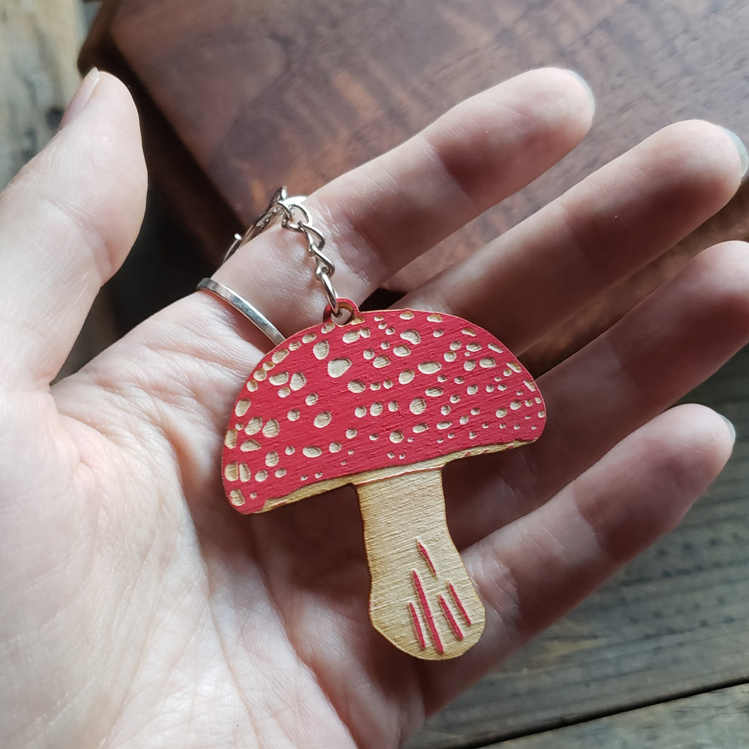 Wooden Amanita Mushroom Keychain
