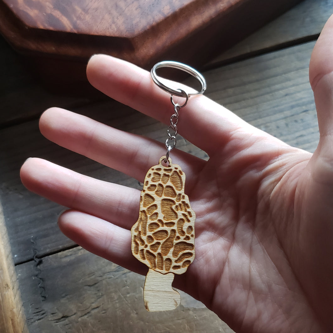 Wooden Morel Mushroom Keychain