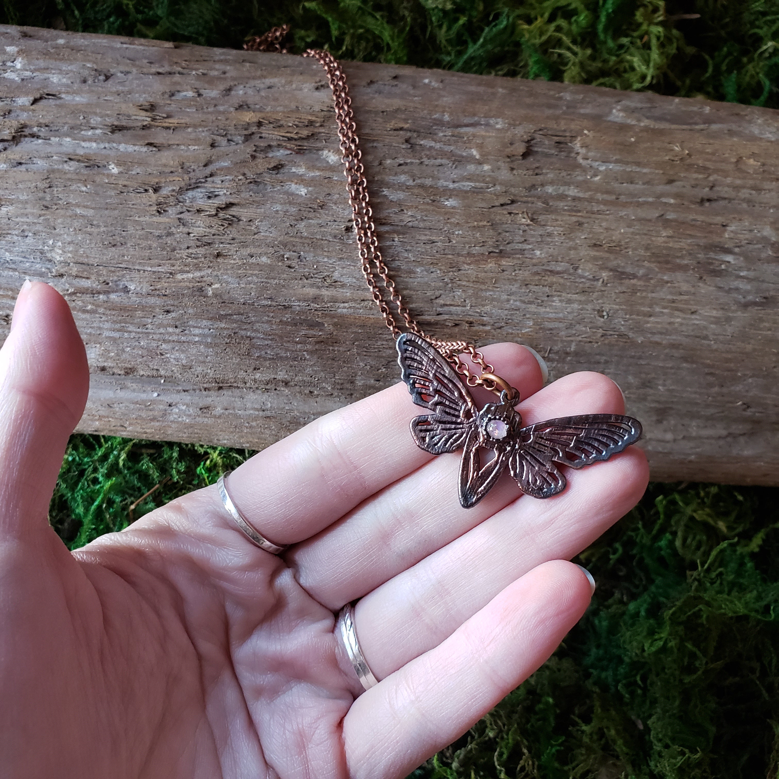 Copper Moonstone Cicada Necklace