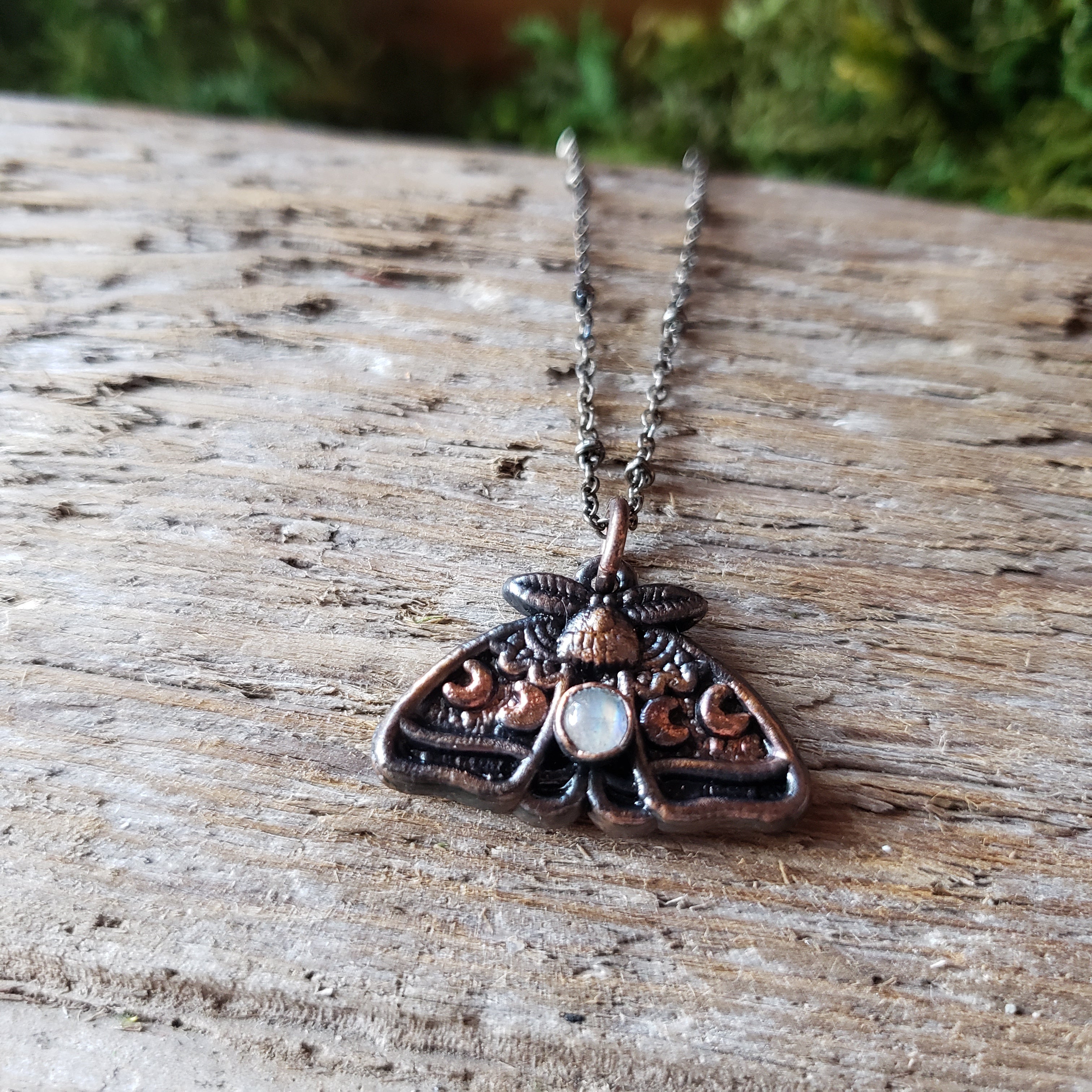 Copper Moonstone Moth Necklace