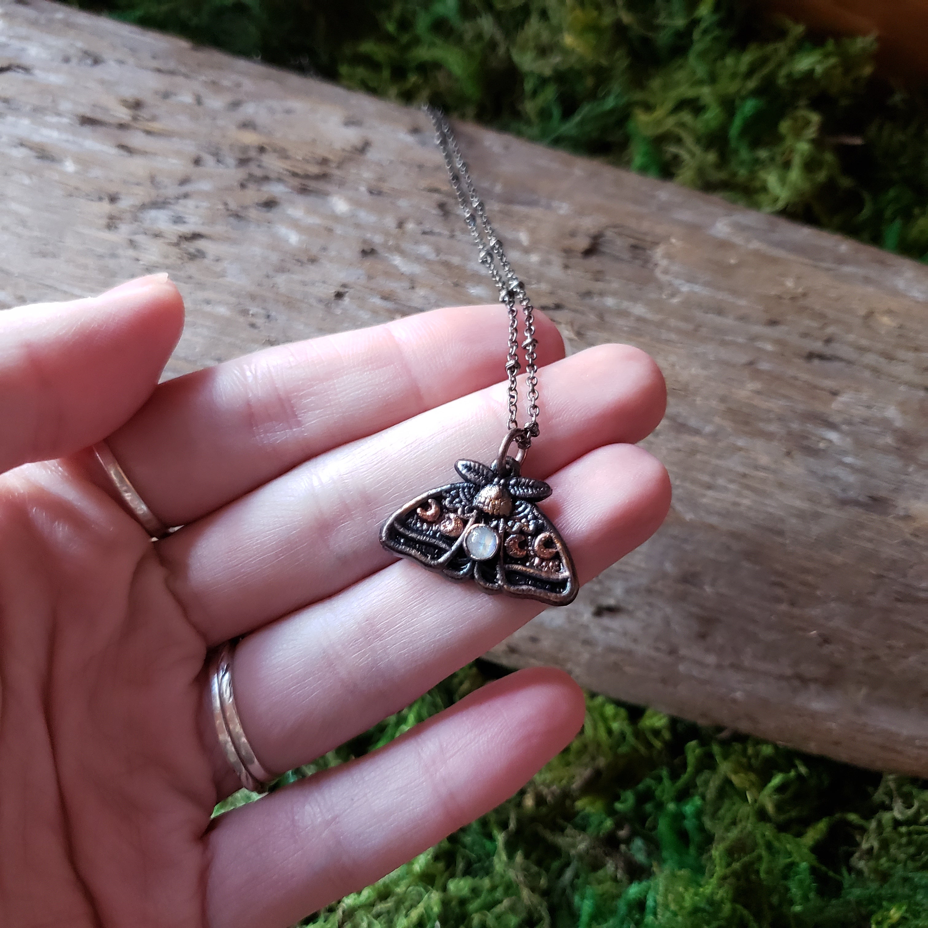 Copper Moonstone Moth Necklace