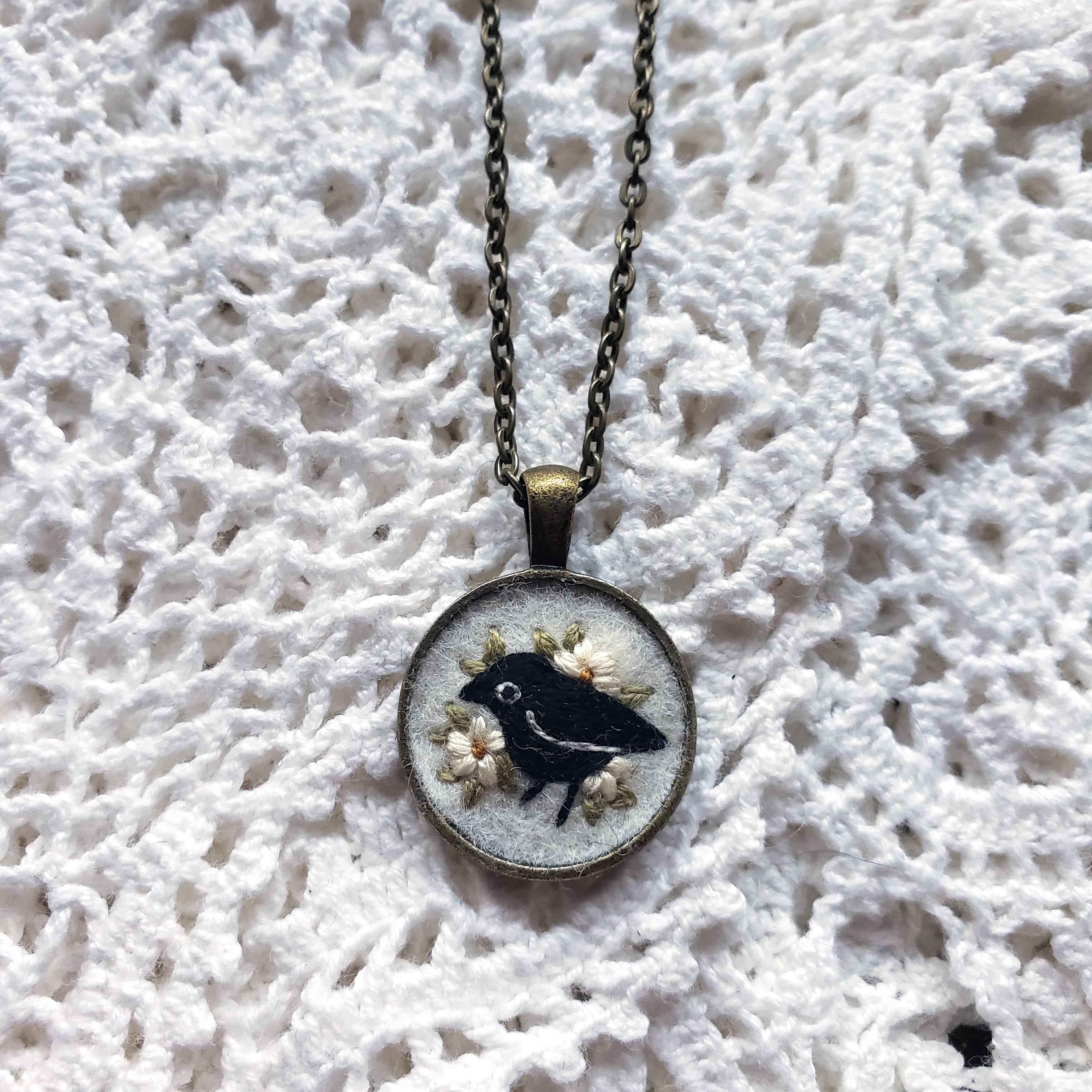 Tiny Embroidered Crow & Flowers Necklace