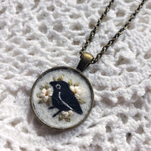 Load image into Gallery viewer, Tiny Embroidered Crow &amp; Flowers Necklace
