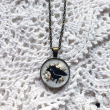 Load image into Gallery viewer, Tiny Embroidered Crow &amp; Flowers Necklace
