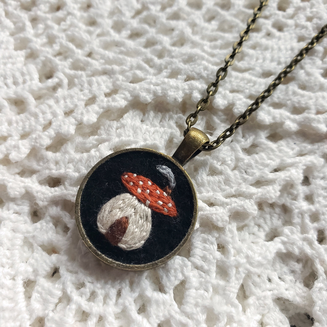 Tiny Embroidered Mushroom House Necklace