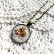 Load image into Gallery viewer, Tiny Embroidered Mouse &amp; Strawberry Necklace
