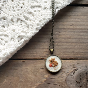 Tiny Embroidered Mouse & Strawberry Necklace