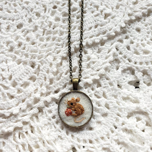 Tiny Embroidered Mouse & Strawberry Necklace