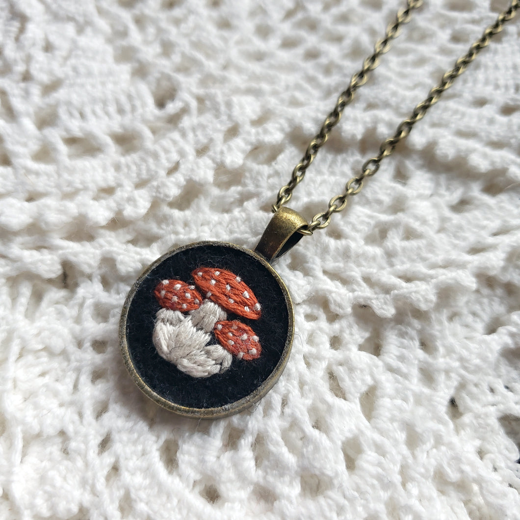 Tiny Embroidered Mushroom Necklace