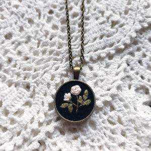 Tiny Embroidered White Rose Necklace