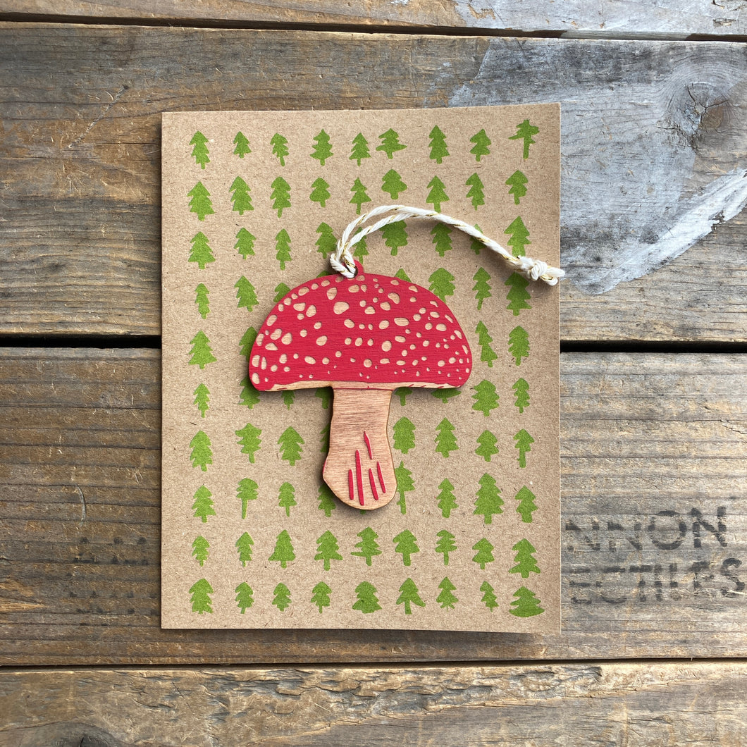 Wooden Mushroom Ornament + Greeting Card