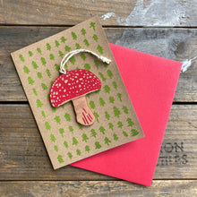Load image into Gallery viewer, Wooden Mushroom Ornament + Greeting Card
