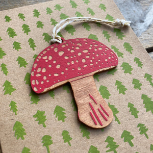 Wooden Mushroom Ornament + Greeting Card